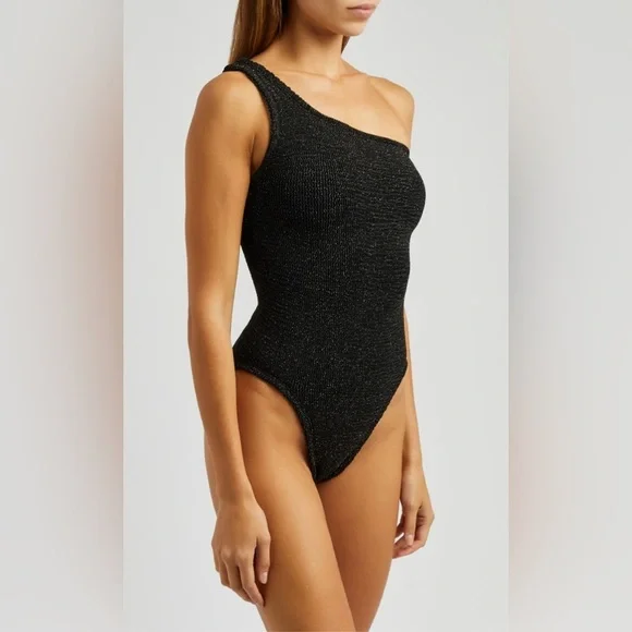 Hunza G Nancy Metallic One-Shoulder One-Piece Swimsuit Glittering Black OS NWT - Picture 12 of 15